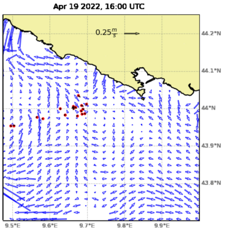 Surface currents from radar with superimposed drifters position – red dots - April 19, 2022