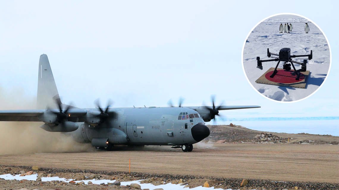 drones fly over landing strip in Antarctica