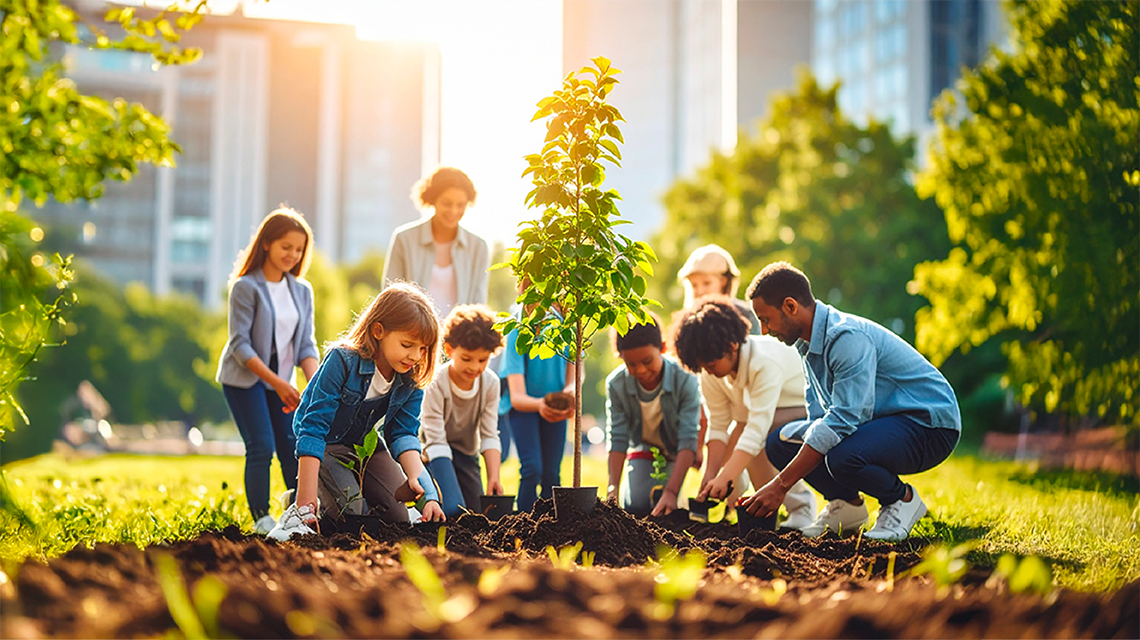 bambini e adulti che piantano degli alberi nei parchi in città