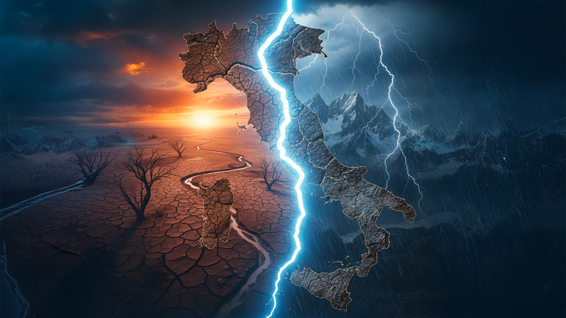 eventi atmosferici come pioggia, siccità in un'Italia spaccata a metà