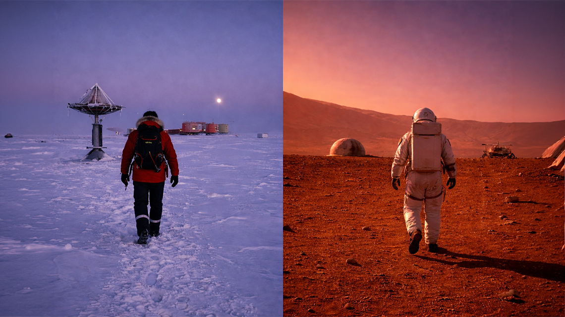 Antartide paesaggio con ricercatori